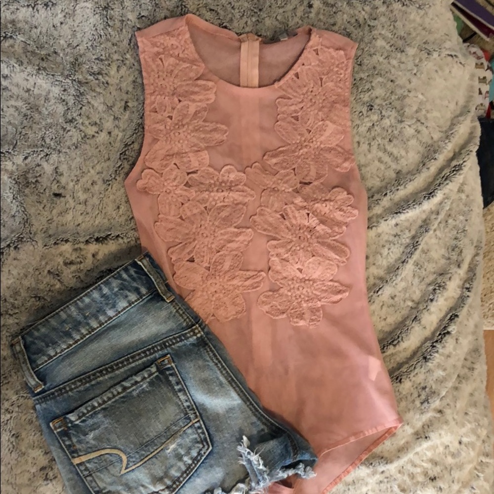 Pink mesh flowered body suit never worn